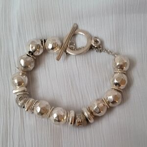 925 Sterling Silver Hammered Beaded Toggle Bracelet - Women Jewelry